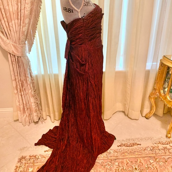 Burgundy strapless formal gown with train. 49 inches long, petite (size 8) - Picture 2 of 5